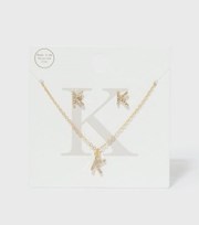 New Look Gold K Initial Earrings and Necklace Gift Set